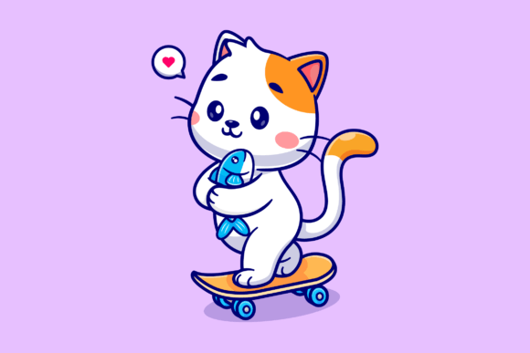 Download Cute Cat Holding Fish on Skateboard - Boar Collection