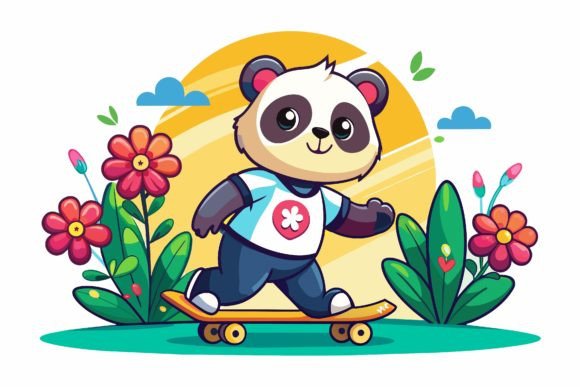 Download Skateboard Panda Road Cartoon with Flowe - Boar Collection